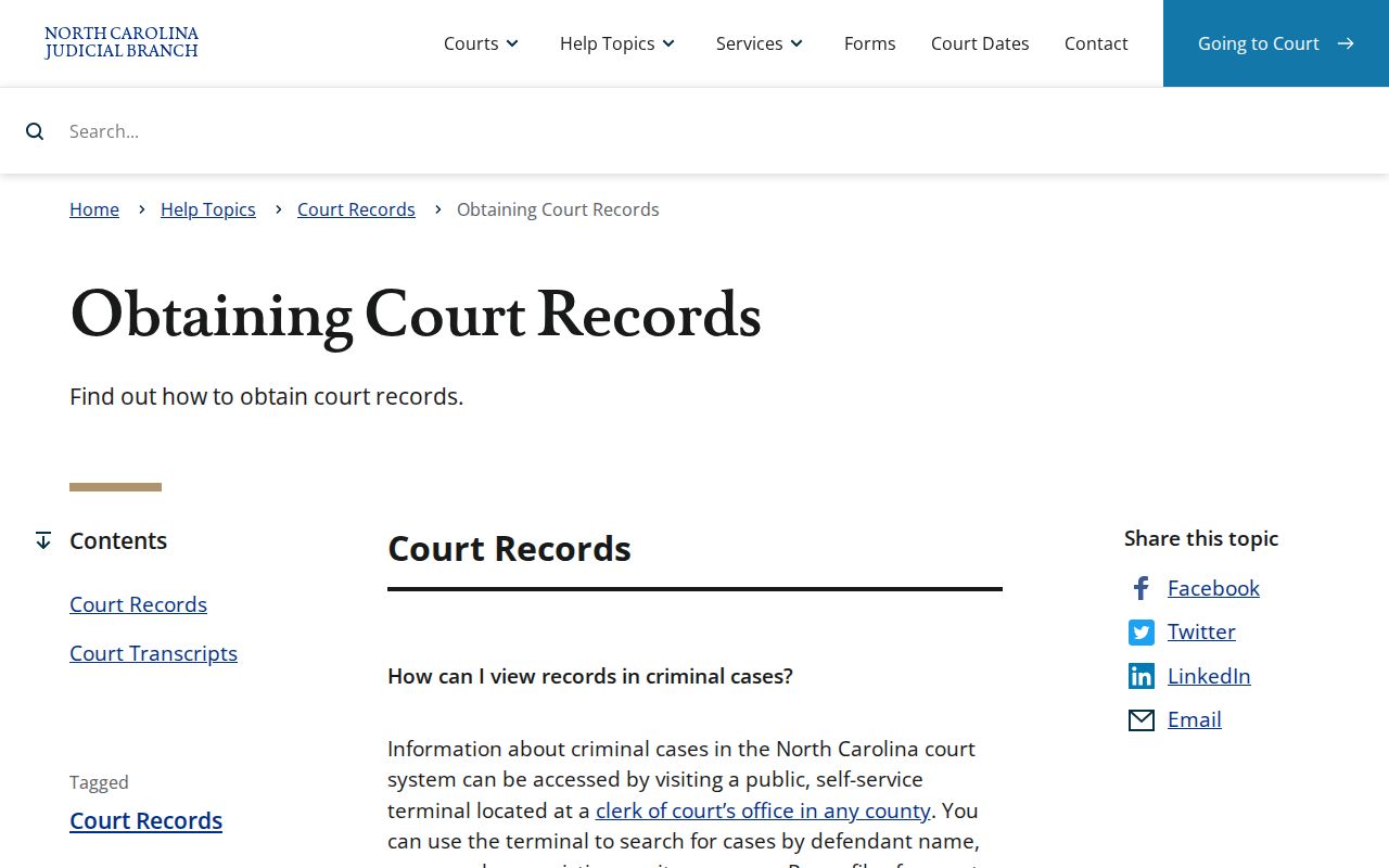 North Carolina Judicial Branch instructions for obtaining Camden court records