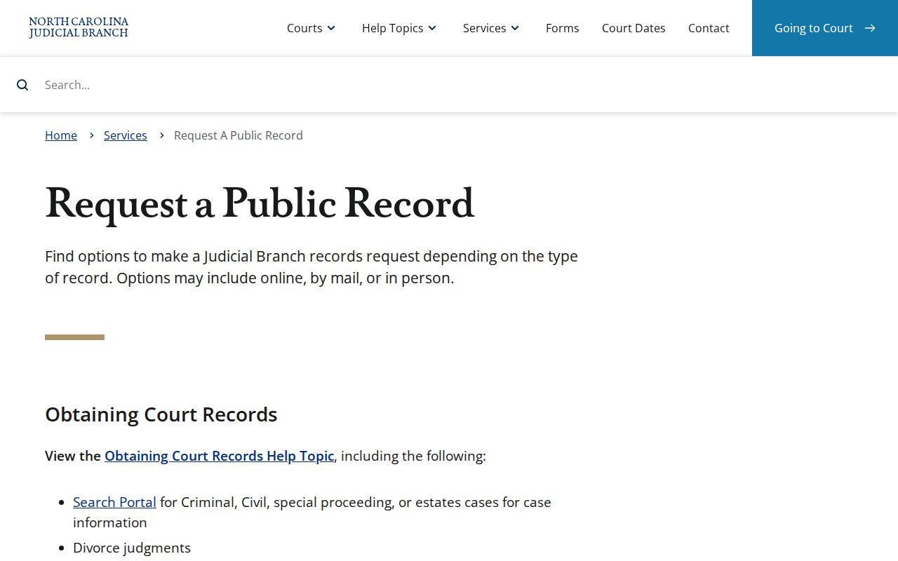 North Carolina Judicial Branch public records request page