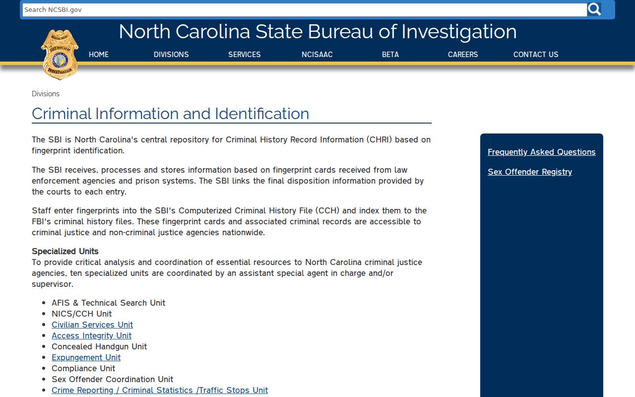 North Carolina SBI Camden County criminal history repository